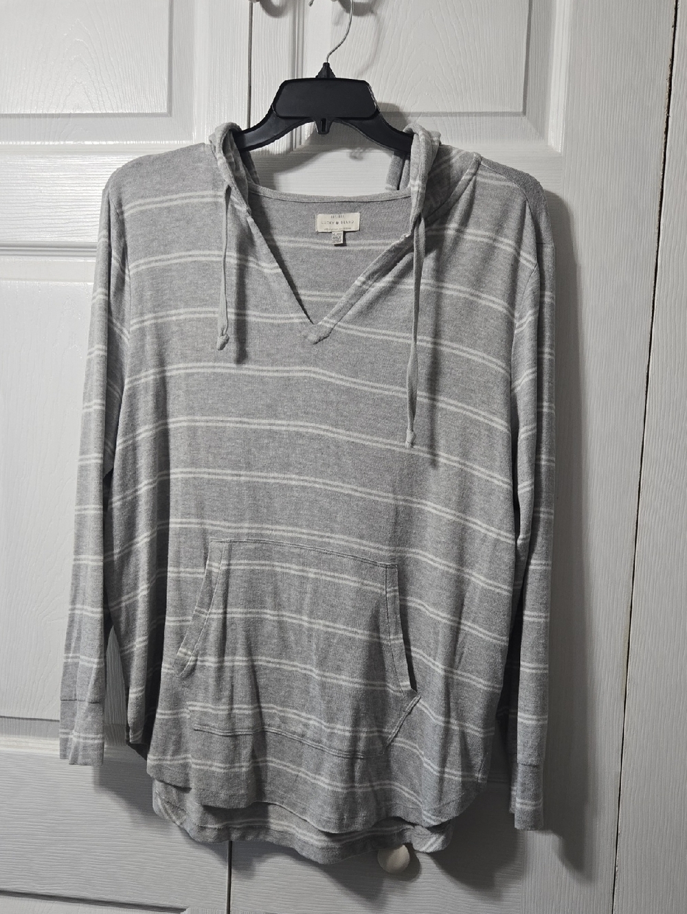 Lucky Brand Gray Striped Hooded Top